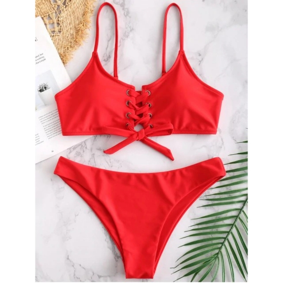 Zaful Other - 👙2/$26 NWT Zaful Red Lace Up Bikini L/8